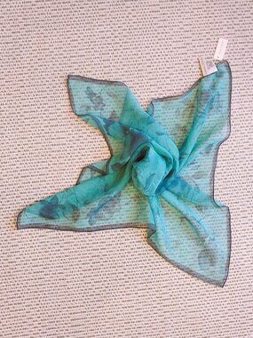 100% Silk Scarf Green Floral Square 22x21 Small Lightweight by Casual Corner